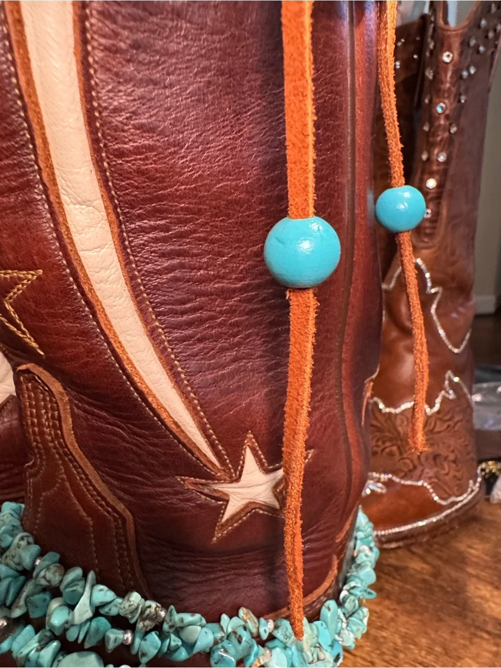 Lucchese Brown Leather Western Heeled Boots with Turquoise Accents - Picture 7 of 8